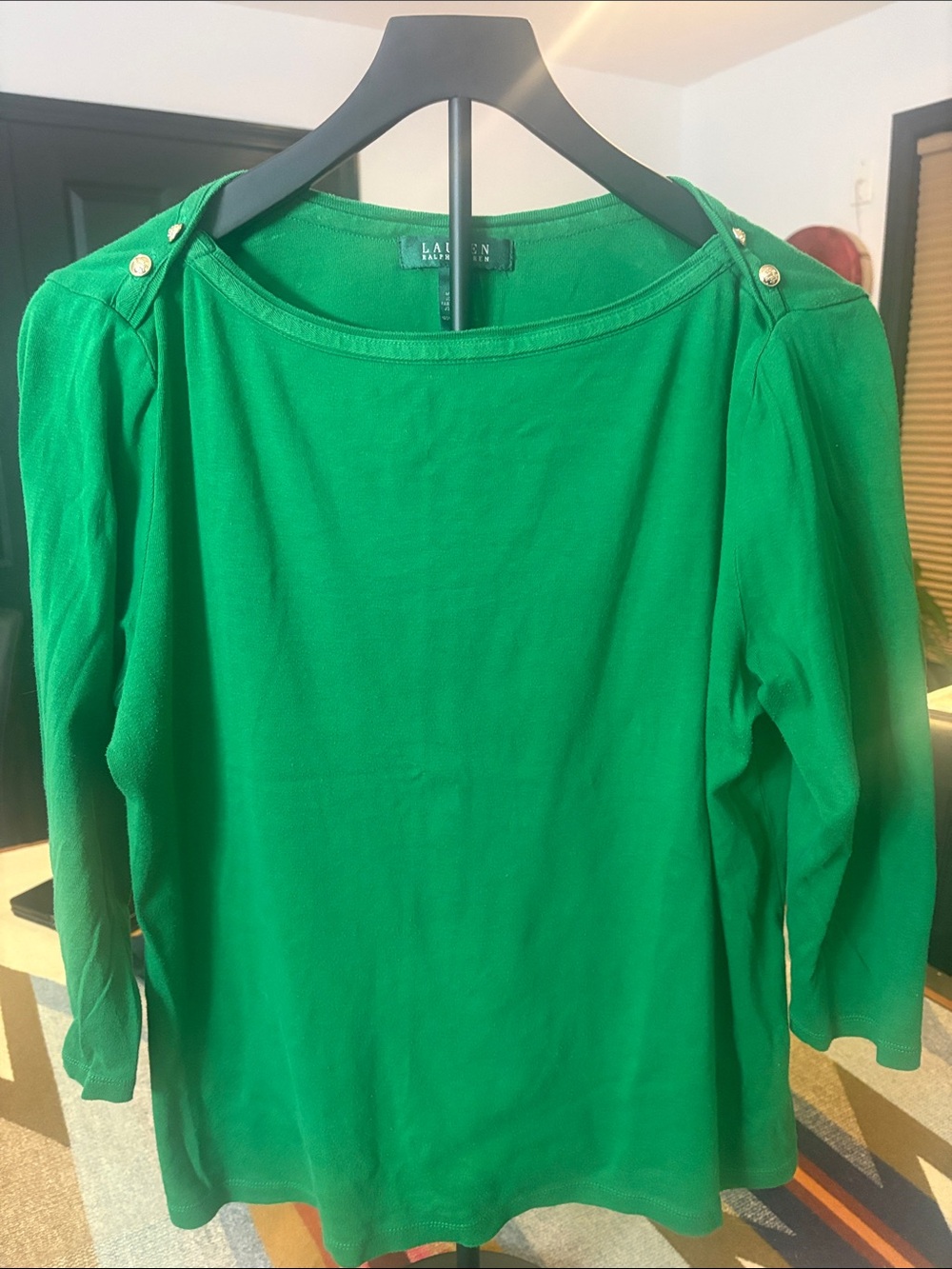 Lauren Ralph Lauren Green Boatneck Long Sleeve Top with Shoulder Buttons
